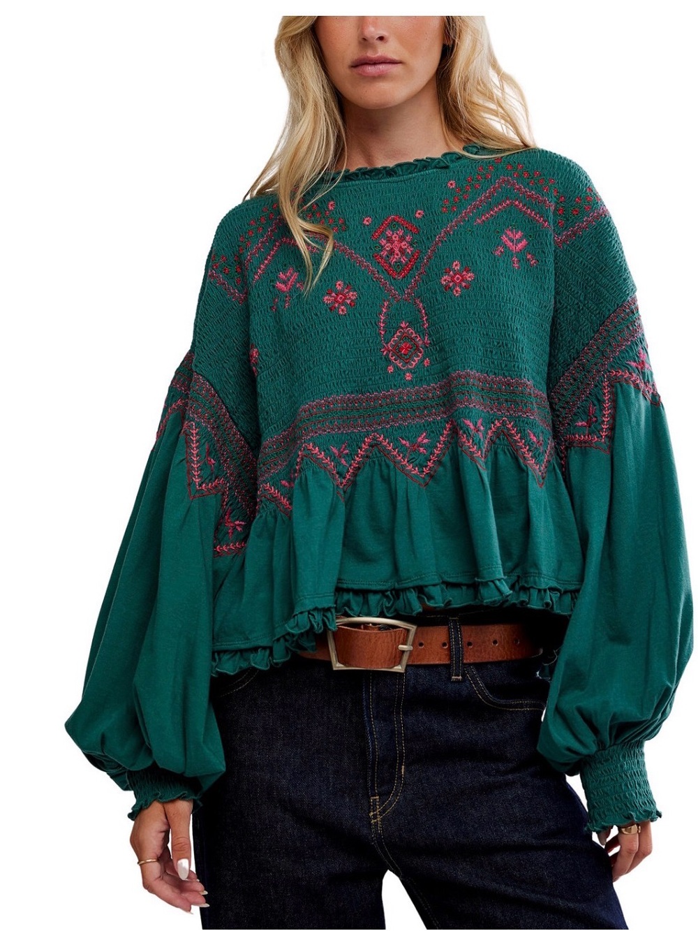 Free People Teal Peasant Blouse with Pink Embroidery